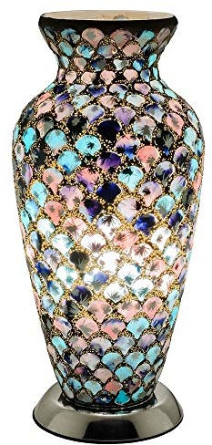 Blue & Pink Tile Mosaic Glass Vintage Vase Table Lamp 38cm | Chrome Base | 1 x ES E27 Bulb Required (Not Included) | Study - Bedroom - Lounge | Desk Light