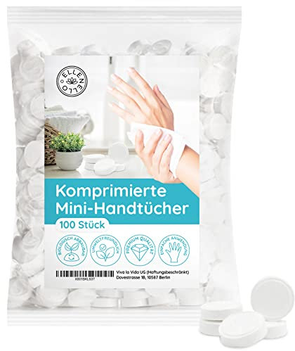 ELLENELLO 100 Stück komprimierte Handtücher in Form von Tabletten: Einweg gepresstes Mini-Handtuch als Reinigungstuch und Erfrischungstücher einzeln verpackt – Kitchen Towel for Space Saving
