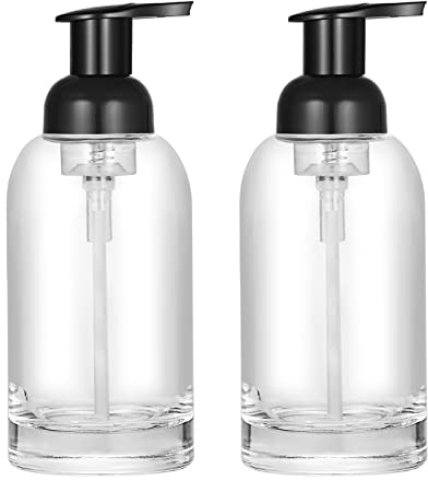 CHBJDAN 2 Pack Thick Clear Glass Jar Soap Dispenser with Foaming Pump, 13 Ounce Clear Round Bottles Dispenser with Foaming Pump (Black, 13oz)