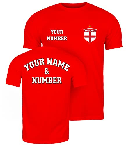 lepni.me Mens Personalised T-Shirt England Football Jersey with Your Name and Number | English Flag Badge | Football Championship (M Red Multi Color)