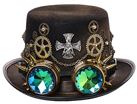 Unisex viktorianischer Steampunk Zylinder mit Brille und Ausrüstung für Damen Herren Karneval Halloween Cosplay Kopfbedeckung Zubehör (61cm/24.02 Inches, Schwarz)