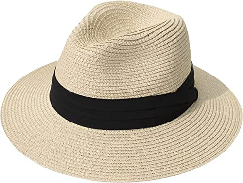 Lanzom Panama-Hut für Damen, breite Krempe, Sonnenhut, Fedora, Strand, Sonnenhut, LSF 50+, 001-fach Gürtel Khaki, Einheitsgröße