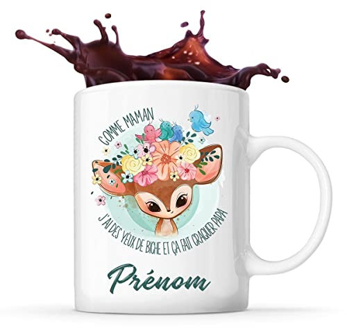 Planetee Tasse prénom personnalisable mignon avec yeux de biche| Mug Cadeau vêtement de naissance personnalisé pour anniversaire