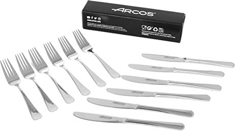 Arcos Serie Madrid - Juego Cubiertos de Postre de 12 piezas en Caja de Regalo (6 Cuchillos + 6 Tenedores) - Monoblock de una pieza en Acero Inoxidable - Color Plata