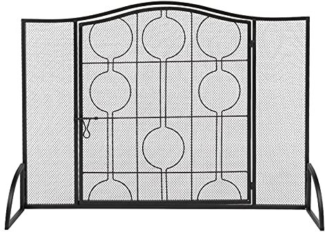Kaminfunkenschutz Kamin-Bildschirm Einzeltür gekrümmte obere dünne Linie Runde dekoratives Eisen 102x20x74cm Kaminschutzgitter (Color : Schwarz, Size : 102x20x74CM)