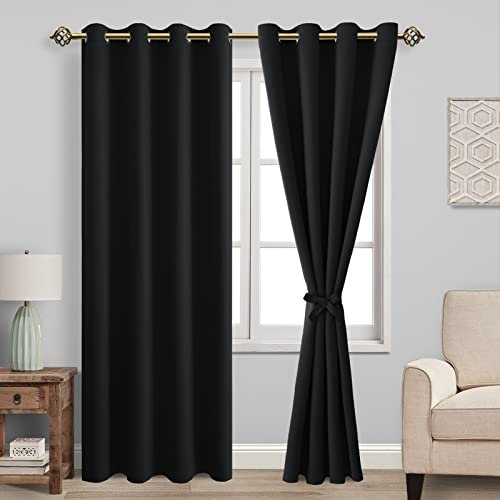 JIUZHEN Gardinen Blickdicht Vorhang mit Raffhalter Verdunklungsvorhänge Ösen Thermovorhang Kälteschutz Gardinen Wohnzimmer Ösenschal Vorhang Wärmeisolierend, Schwarz, 2 Stück, 200x140cm(HxB)