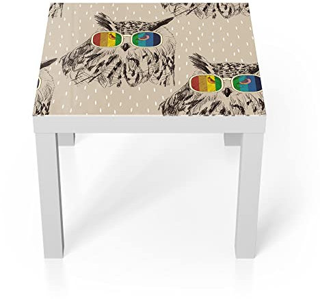 DEQORI Glastisch | weiß klein 55x55 cm | Motiv Eule mit Regenbogenbrille | ausgefallener Beistelltisch aus Glas | Hochglanz Couchtisch fürs Wohnzimmer | moderner Couch Tisch mit Design