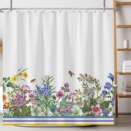 Ttincceer Wilde Blume Duschvorhang 152x183cm Grün Gras Blätter Floral Badezimmer Vorhang Bunte Blumen Bienen Garten Landschaft Duschvorhange wasserdichte Badewanne Vorhang