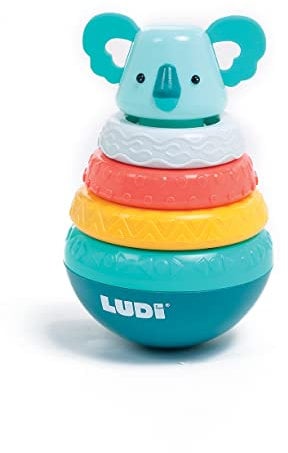 Ludi - Culbuto Koala - Jeu D'Empilement Culbuto - Jouets D'Éveil Bébé - Dès 10 Mois - Développe Le Toucher, La Motricité Fine & La Découverte - Pyramide avec Tige Centrale & 3 Anneaux Sonores Colorés