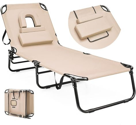 GOPLUS Chaise Longue Pliante Inclinable à 4 Positions Réglables, Transat Jardin Extérieur avec Oreiller Détachable, Lit de Camping, pour Terrasse/Plage 189X59X40CM (1, Beige, 73x63x16CM)