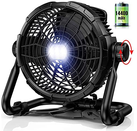 HSPLXYT Ventilador de Piso inclinable Ajustable de 360 °, Ventilador Alimentado por batería de 14400 mAh, Ventilador de Camping, Ventilador de pie silencioso con luz LED, 12 Pulgadas, Negro