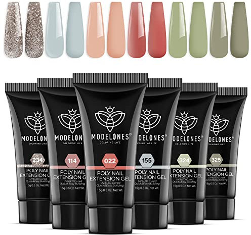 Modelones Poly Gel Set mit 6 Farben Grun Blau Glitzer Gel Nägel Selber Set Quick Extension Building Acrylgel für Starter Nail Art Nageldesign Selber Mache
