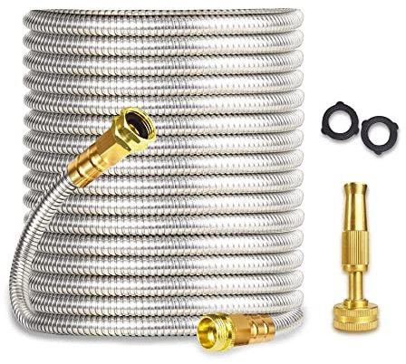 Metal Garden Hose 50FT Heavy Duty Lightweight 304 with Brass Nozzle,Durable Fittings,No Kink & Tangle,Puncture Resistant,Easy to Use & Store for RV,Outdoor, Yard,Ligh (50ft)