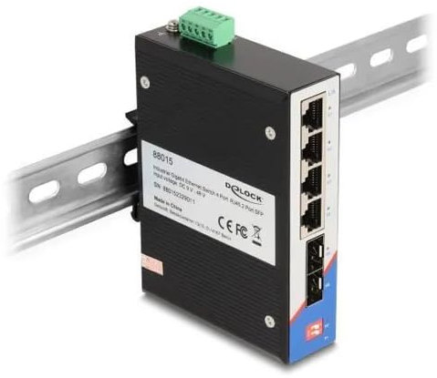 DeLOCK 88015 - Industrie Gigabit Ethernet Switch 4 Port RJ45 2 Port SFP für Hutschiene