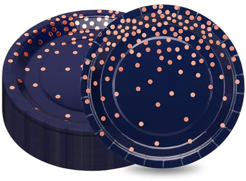 Platos de papel azul marino CEILWIEN 50 unidades de platos de papel azul marino con lunares de oro rosa, vajilla de fiesta de cumpleaños, platos de papel, vajilla de papel de aluminio dorado, 23 cm