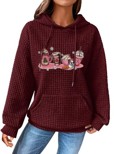 Yowablo Felpa con Cappuccio da Donna Felpa con Tasca in Tessuto Scozzese con Stampa tè al Latte Natalizio con Coulisse Felpe Invernali 2017 (Red, XXXL)
