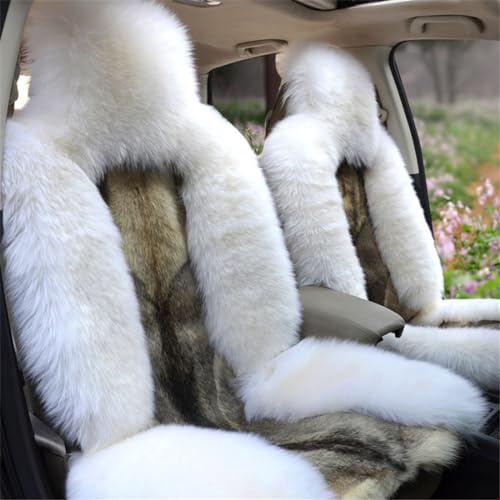 Schaffellwolle Autositzabdeckung, Flauschig Gemütliches Warmes Autokissen, Universell, für Vordersitze von Autos, Suvs, Lastwagen, Transporter, Wohnmobile, 1 Stück,Weiß