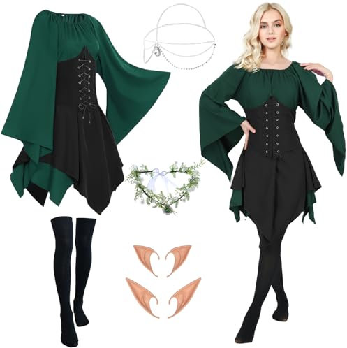 Mittelalter Gothic Kleidung Damen Traditionelles irisches Kleid Renaissance Grünes Kleider Karneval Halloween Kostüm Piraten Cosplay Outfit mit Kopf Kette Blumenkranz Elfenohren Overknee Socken FR033L