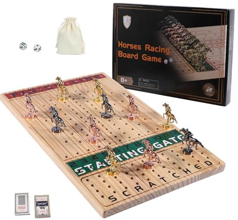 Grhonior Pferderennen-Brettspiel mit 11 luxuriösen Metallpferden aus verdicktem Holz Spielbrett inklusive Würfeln und Karten Finish LINE Race Game Board