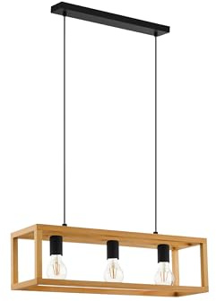 Eglo Pendant Lighting Blackcrown | 3-light vintage hanging lamp for dining table, ceiling light fitting living room, natural design, light wood, E27 socket, 70