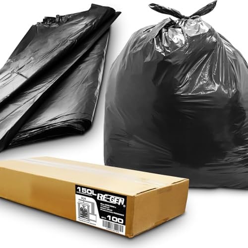 100 Pack | 1 Full Flat Packed Box | RE-GEN 150L 20kg Load Heavy Duty Premium Black Compactor Sacks Bin Liners Refuse, Factory & Commercial Use, Industrial Strength Black Bags 508/889 x 1143mm