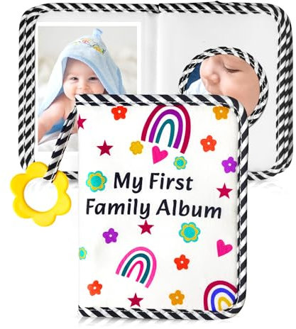 BOHEMIABY Bio-Baumwolle Baby Fotoalbum Stoff | mit Latex-Anhänger und Sicherheitsspiegel als Erinnerungsalbum | Unterbringen 10x15 cm Foto| Fotoalbum Junge Mädchen Baby Geschenk (Regenbogen)