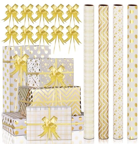 AhfuLife 4 Rouleaux Papier Cadeau Blanc et Or, 43cm×3M, Rayure Étoile, Pour Mariage, Anniversaire, Saint Valentin, Noël