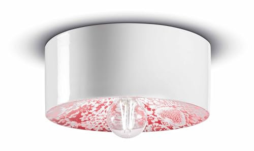 Licht-Erlebnisse Deckenleuchte Weiß Rot gemustert Ø 25 cm rund H: 11 cm flach Keramik E27 Handarbeit Retro Design Deckenlampe Wohnzimmer Küche Flur