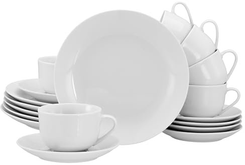CreaTable, 21924, Serie Luna Weiss, 18-teiliges Geschirrset für 6 Personen, Kaffeeservice aus Porzellan, spülmaschinen- und mikrowellengeeignet, Qualitätsproduktion