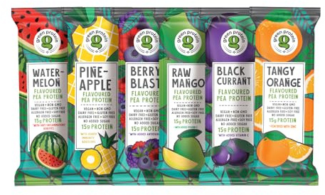 GREEN PROTEIN Proteine di piselli isolate in polvere latticini, glutine, allergeni, ananas senza soia, ribes nero, bacche di lampone, anguria, mango crudo e aroma di arancia, 6 gusti x 2 bustine