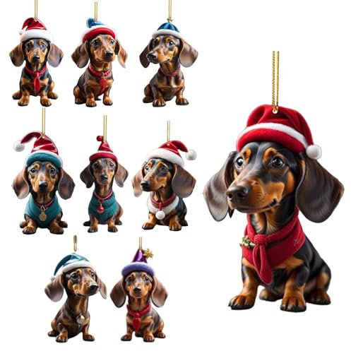 9 Stück Dackel Weihnachtsbaumschmuck Weihnachten Baumschmuck 2D Acryl Dackel Weihnachts Deko Lustiger Dackel Acryl-Anhänger Christbaumschmuck Weihnachtsanhänger Deko Für Auto, Zweige, Weihnachtssträuß