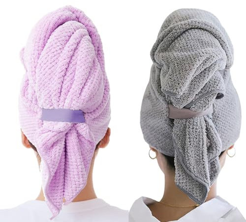 Aiuuee 2 Stück Mikrofaser Handtuch Haare Lang, 106 x 63 cm Groß Haarturban mit Elastischem Band, Handtuch Turban Damen, Haarhandtuch Kopfhandtuch(Grau & Lila)