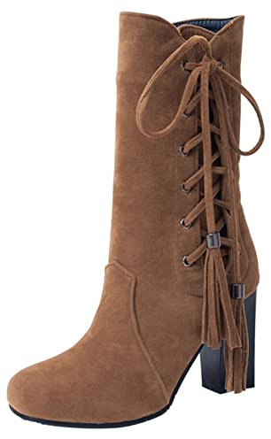 Stivali da donna alla moda in camoscio con nappa, cerniera laterale, tacco alto, stivali casual da donna, Marrone, 37.5 EU