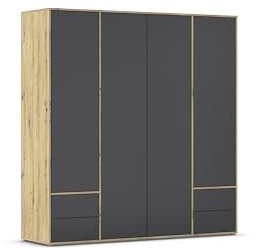 Rauch Möbel Nabila, Drehtürenschrank, Kleiderschrank, Kleiderschränke, Garderobe, 4-türig, 4 Schubladen, push-to-open, Farbe Grau metallic/Eiche Artisan, Schwarz, Holz, 187x194x53cm