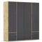 Rauch Möbel Nabila, Drehtürenschrank, Kleiderschrank, Kleiderschränke, Garderobe, 4-türig, 4 Schubladen, push-to-open, Farbe Grau metallic/Eiche Artisan, Schwarz, Holz, 187x194x53cm