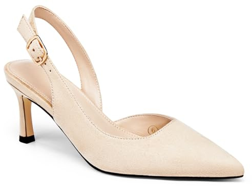 Guayonng Womens Slingback Heels Low Kitten Pumps Pointed Toe Stiletto Elegant Office Dress Shoes, Apricot, 8 UK