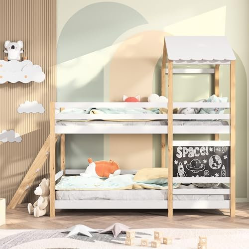 WOBOPCG Etagenbett mit Treppe (90 x 200 cm), Kinderbett mit Schreibtafel, Etagenbett mit Rausfallschutz, Bodenbett für Kinder, Doppelbett Kinder, Etagenbetten aus Massivholz(Stil 4, Weiß)