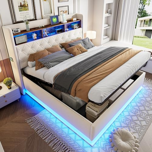 Merax Polsterbett 180x200cm, Multifunktionales Bett mit LED-Licht und USB Ladeanschluss, für Jugend, Erwachsene, Leinenstoff, Beige (Ohne Matratze)