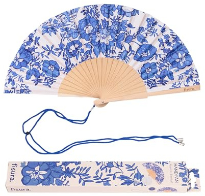 Fisura – Holzfächer mit blauen Blumen. Farbenfrohes und modernes Accessoire, handlicher Fächer in Blau-Weiß mit Aufhänger. Perfekt für heiße Tage. Maße: 42,5 x 23 cm