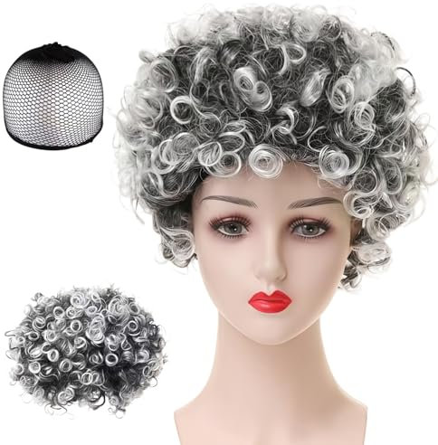 Ymoryiyi Graue Oma Perücke mit Invisible Hairnet – Kurz Gelockte Perücke für Oma Kostüm, Halloween, Karneval & Maskerade