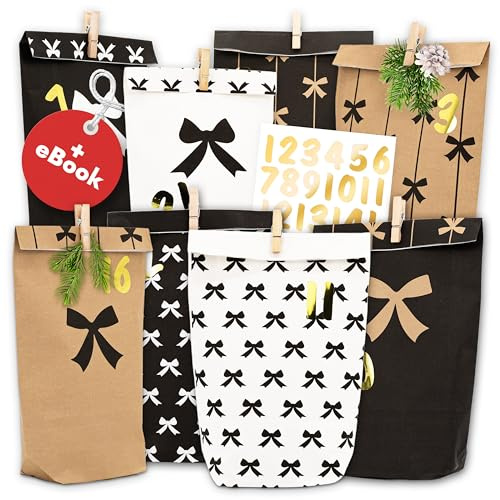 AMARI ® Adventskalender zum Befüllen - 24 Papier Adventstüten (mit Holzklammern) zum Basteln für Weihnachten - Papier Weihnachtstüten mit Zahlenaufkleber