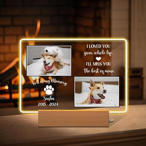 Rainsar Erinnerung Hund Fotogeschenke Personalisierte Gedenktafel mit Licht, Personalisiert Andenken an Verstorbenen Katze - Geschenke für Hundebesitzer Katzenbesitzer