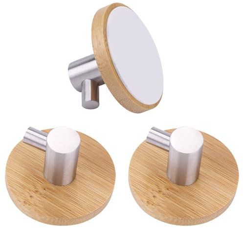 Hapivida Crochet Adhésif, Crochets à Serviette en Bois et en Acier Inoxydable, Porte Serviettes Salle de Bain Torchon Cuisine Crochet Mural (Circulaire*3)