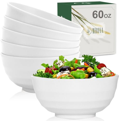 Wrova Large Salad Bowls Set 60 OZ Unbreakable Big Bowls Set of 6, Plastic Bowls for Kitchen Microwave and Dishwasher Safe Bowl for Dorm and Apartment, Bowl for Serving Oatmeal and Salad Etc - White