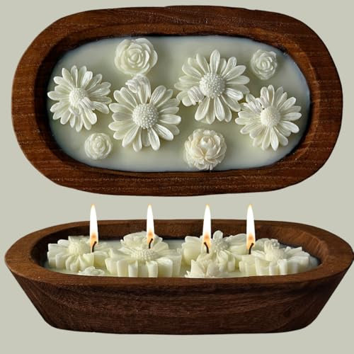 Sojawachskerze mit Blumen in nachhaltiger Holzschale – 4-Docht-Kerze – Naturprodukt & Deko – vegane Geschenkidee für Zuhause oder zum Verschenken - Deko für jeden Anlass