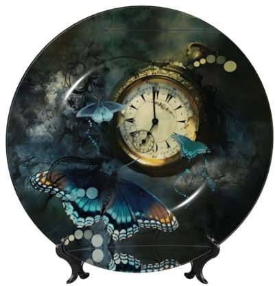 PHAYAH Assiette décorative en porcelaine avec motif d'horloges papillons, durable, lisse et parfaite pour la maison, le bureau et le café