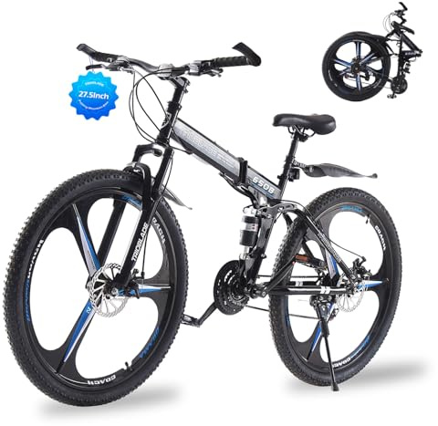 TRIOBLADE 24/26/27.5'' Folding Mountain Bike 21Speed Foldable Mountain Bicycle with Dual Disc Brakes 3 Spoke Wheels Mountain Bikes Dual Suspension Design for Adult Men Women