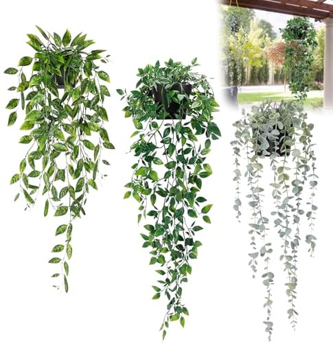 VCANIVR 3 Stück Hängepflanze Künstlich mit Topf Kunstpflanze Hängend, Künstliche Hängepflanzen wie echt Artificial Plants Plastikpflanzen Deko für Indoor Outdoor Draußen Garten