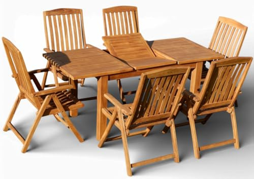 ALEOS. Teak Gartenmöbel Set - Ausziehbarer Bigfuss Gartentisch 130-180 x 80 cm & 6 Tobago Hochlehner Stühle - Massives Teakholz, verstellbare Rückenlehnen, wetterfest
