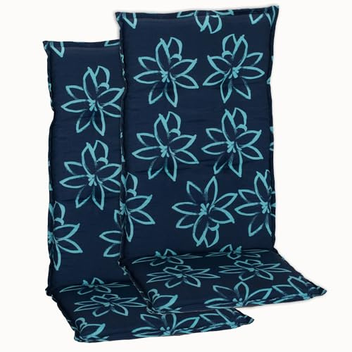 NYVI Gartenstuhl Auflagen Hochlehner 2er Set Barcelona - UV-Beständig, Atmungsaktiv, Strapazierfähig - Hochlehnerauflagen Sitzkissen Outdoor - Sitzauflagen für Gartenstühle 118x50cm Blume Hellblau